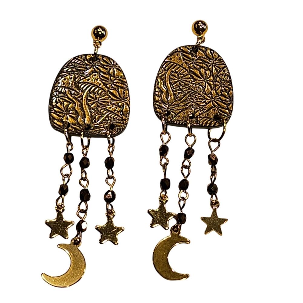 Mushroom Embossed Polymer Clay Dangle Earrings Moon Stars‎ Boho Cottagecore